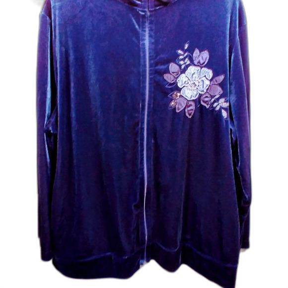 Jaclyn Smith Blue Floral Applique Velveteen Zip Up Jacket XL-XXL - Picture 3 of 10